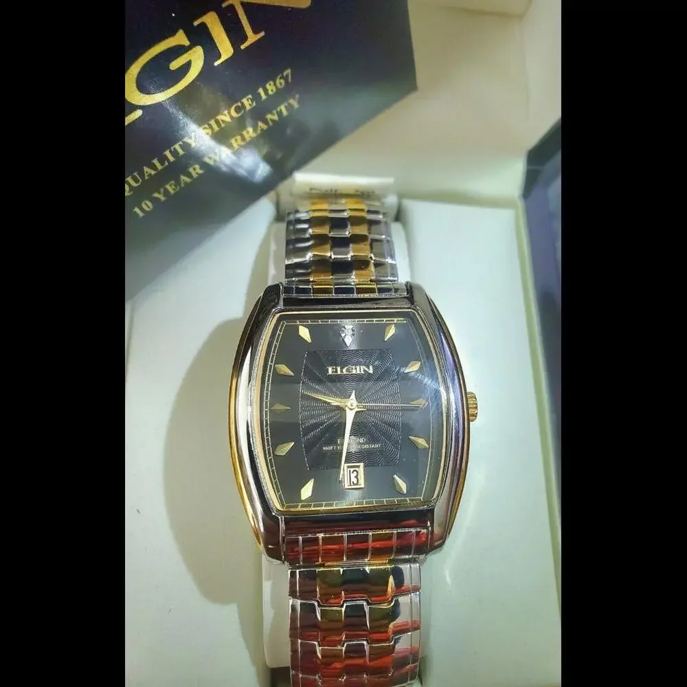 Rare Elgin Lord Diamond Dial Barrel Dress Watch Box Papers‎